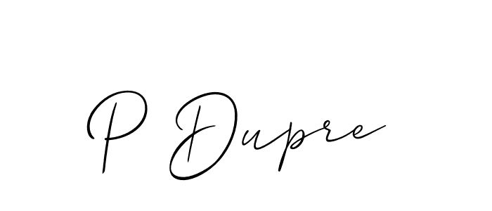 The best way (Allison_Script) to make a short signature is to pick only two or three words in your name. The name P Dupre include a total of six letters. For converting this name. P Dupre signature style 2 images and pictures png