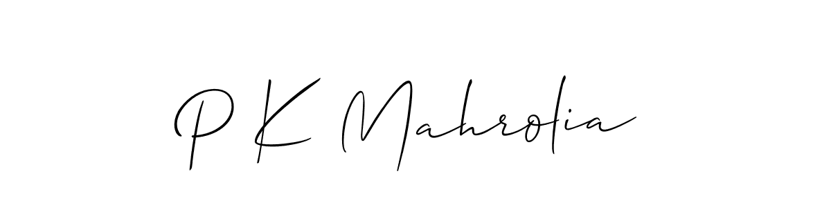 The best way (Allison_Script) to make a short signature is to pick only two or three words in your name. The name P K Mahrolia include a total of six letters. For converting this name. P K Mahrolia signature style 2 images and pictures png