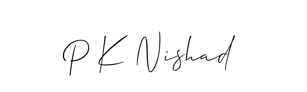 The best way (Allison_Script) to make a short signature is to pick only two or three words in your name. The name P K Nishad include a total of six letters. For converting this name. P K Nishad signature style 2 images and pictures png