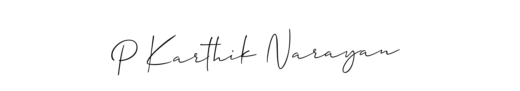 The best way (Allison_Script) to make a short signature is to pick only two or three words in your name. The name P Karthik Narayan include a total of six letters. For converting this name. P Karthik Narayan signature style 2 images and pictures png