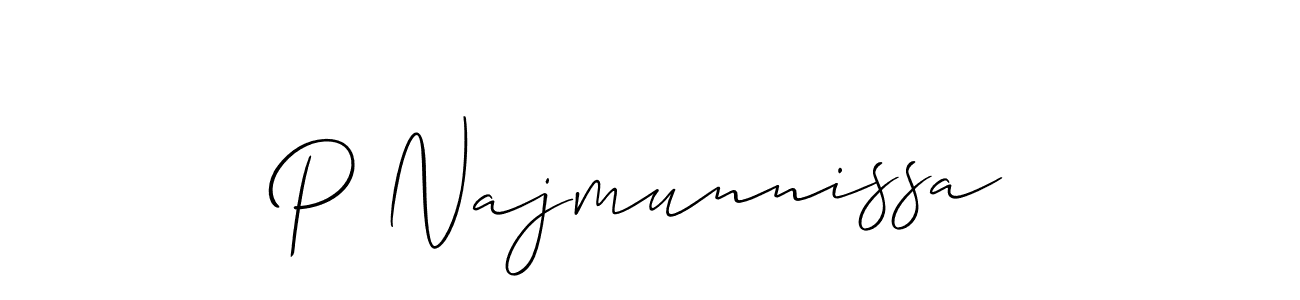 The best way (Allison_Script) to make a short signature is to pick only two or three words in your name. The name P Najmunnissa include a total of six letters. For converting this name. P Najmunnissa signature style 2 images and pictures png