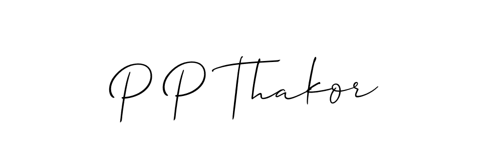 The best way (Allison_Script) to make a short signature is to pick only two or three words in your name. The name P P Thakor include a total of six letters. For converting this name. P P Thakor signature style 2 images and pictures png