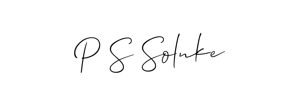 The best way (Allison_Script) to make a short signature is to pick only two or three words in your name. The name P S Solnke include a total of six letters. For converting this name. P S Solnke signature style 2 images and pictures png
