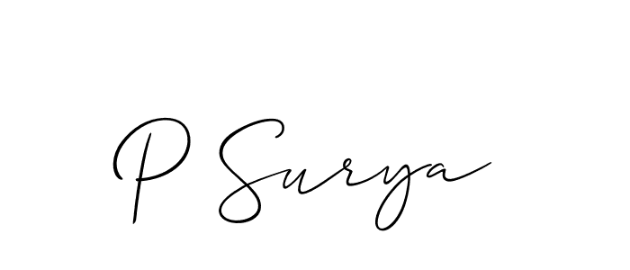 Design your own signature with our free online signature maker. With this signature software, you can create a handwritten (Allison_Script) signature for name P Surya. P Surya signature style 2 images and pictures png