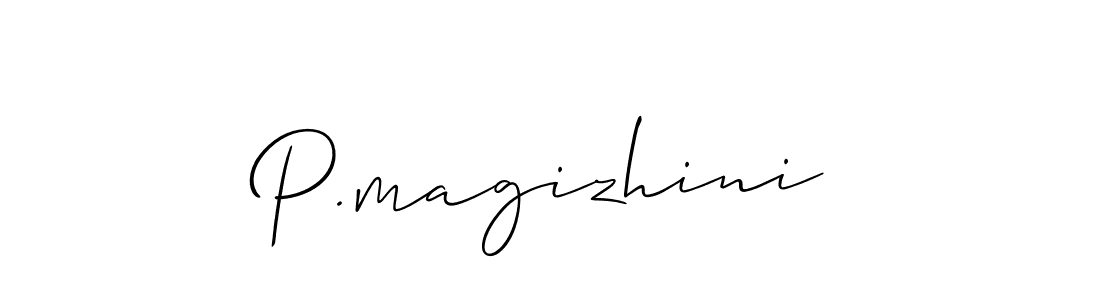 if you are searching for the best signature style for your name P.magizhini. so please give up your signature search. here we have designed multiple signature styles  using Allison_Script. P.magizhini signature style 2 images and pictures png