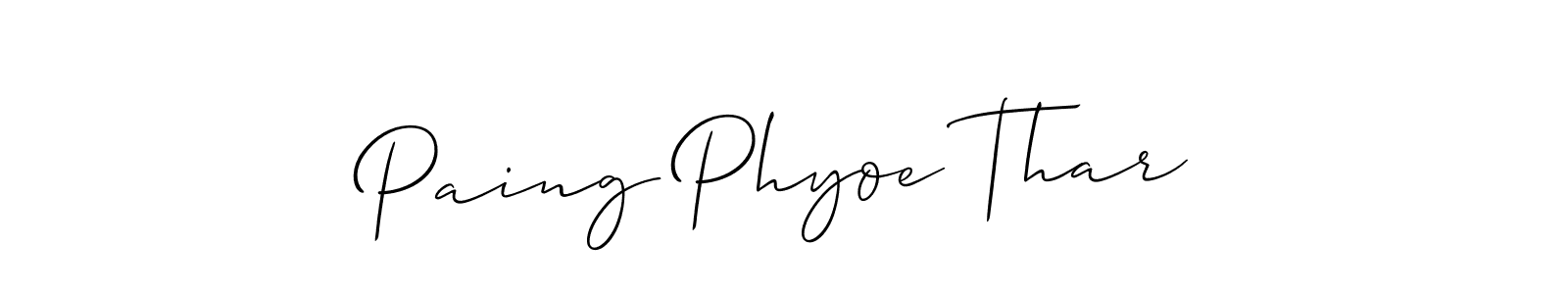 Also You can easily find your signature by using the search form. We will create Paing Phyoe Thar name handwritten signature images for you free of cost using Allison_Script sign style. Paing Phyoe Thar signature style 2 images and pictures png