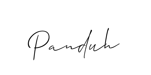Use a signature maker to create a handwritten signature online. With this signature software, you can design (Allison_Script) your own signature for name Panduh. Panduh signature style 2 images and pictures png