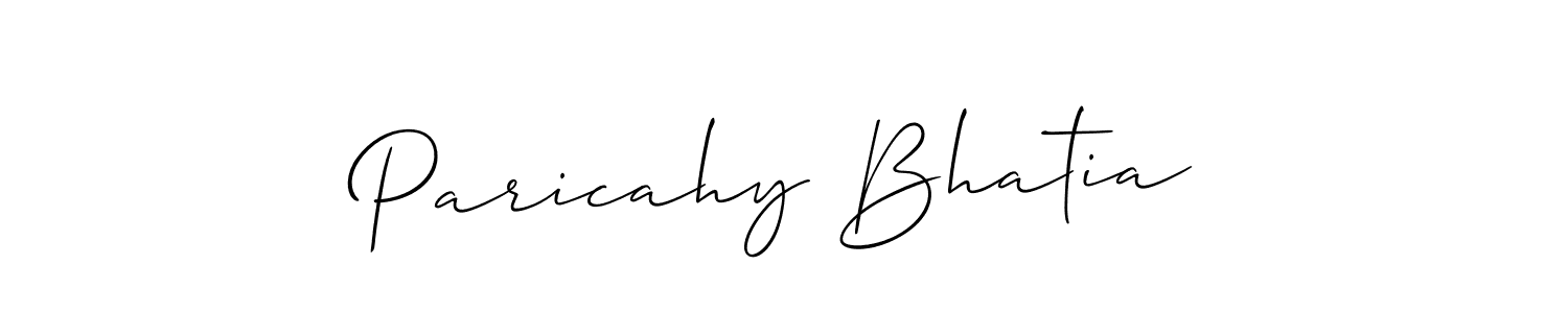 The best way (Allison_Script) to make a short signature is to pick only two or three words in your name. The name Paricahy Bhatia include a total of six letters. For converting this name. Paricahy Bhatia signature style 2 images and pictures png