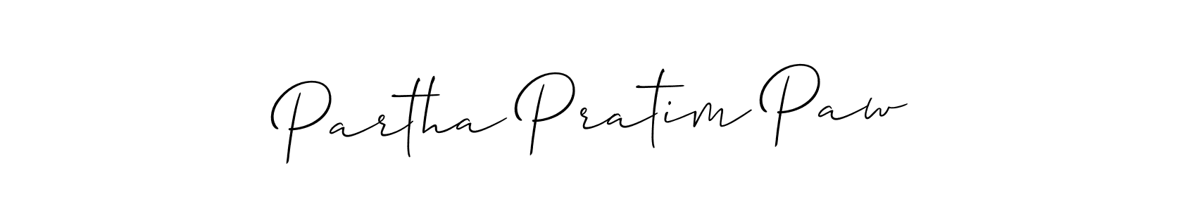 The best way (Allison_Script) to make a short signature is to pick only two or three words in your name. The name Partha Pratim Paw include a total of six letters. For converting this name. Partha Pratim Paw signature style 2 images and pictures png