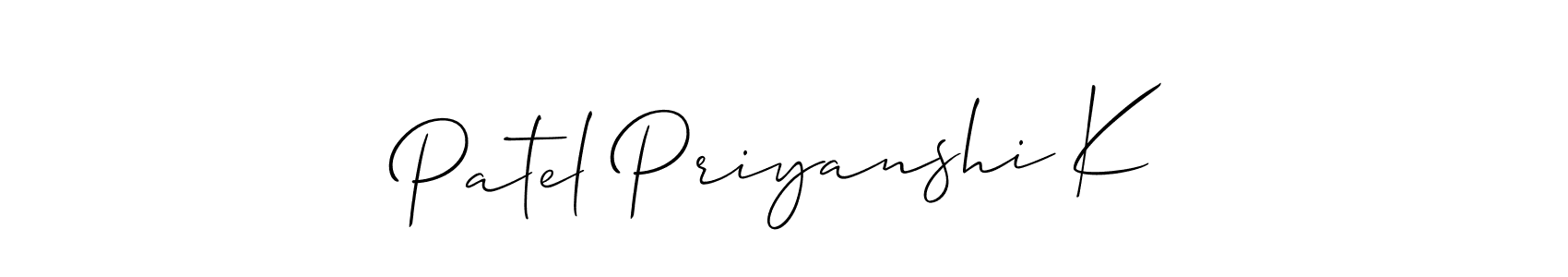 It looks lik you need a new signature style for name Patel Priyanshi K. Design unique handwritten (Allison_Script) signature with our free signature maker in just a few clicks. Patel Priyanshi K signature style 2 images and pictures png