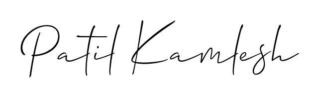 A sleek calligraphic signature for name Patil Kamlesh utilizing Allison_Script styling. Great for adding personal signatures to photos and art. Patil Kamlesh signature style 2 images and pictures png