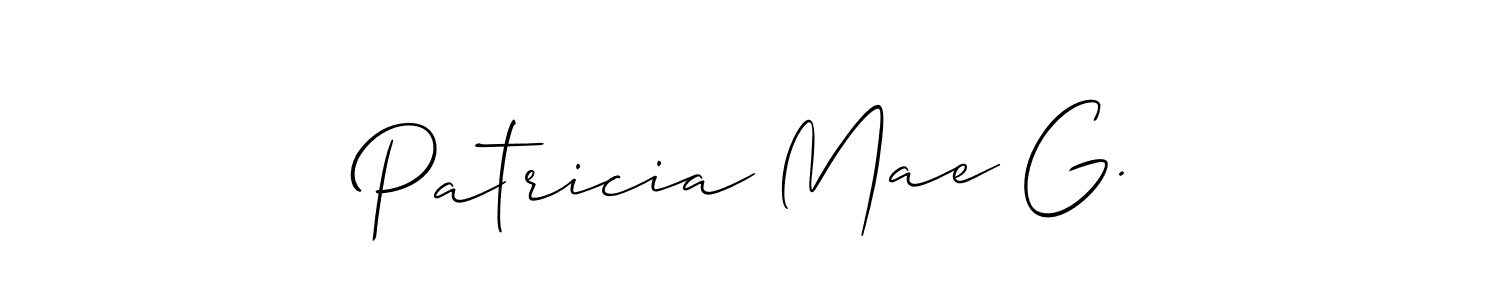 The best way (Allison_Script) to make a short signature is to pick only two or three words in your name. The name Patricia Mae G. include a total of six letters. For converting this name. Patricia Mae G. signature style 2 images and pictures png