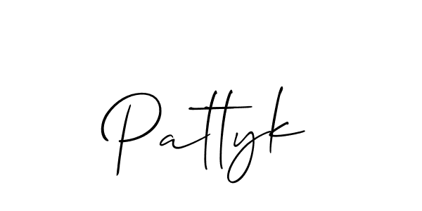 The best way (Allison_Script) to make a short signature is to pick only two or three words in your name. The name Pattyk include a total of six letters. For converting this name. Pattyk signature style 2 images and pictures png