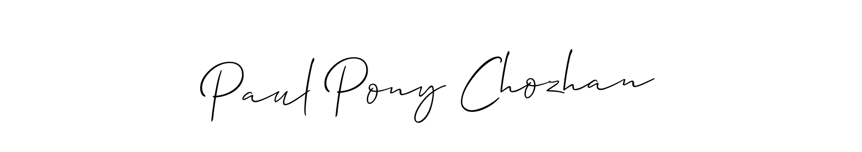 The best way (Allison_Script) to make a short signature is to pick only two or three words in your name. The name Paul Pony Chozhan include a total of six letters. For converting this name. Paul Pony Chozhan signature style 2 images and pictures png