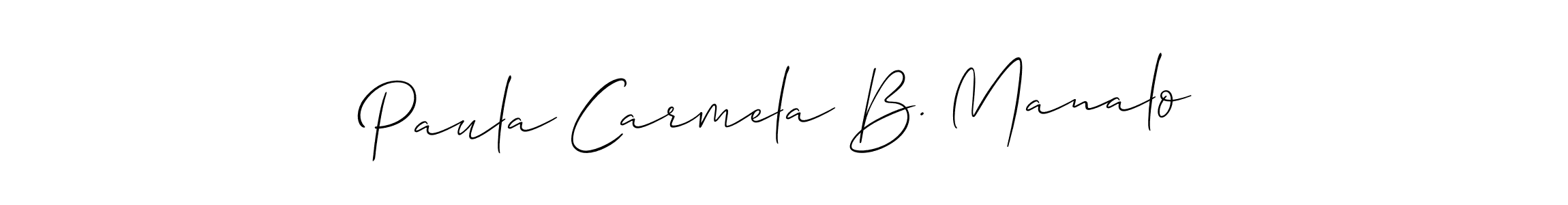 Use a signature maker to create a handwritten signature online. With this signature software, you can design (Allison_Script) your own signature for name Paula Carmela B. Manalo. Paula Carmela B. Manalo signature style 2 images and pictures png