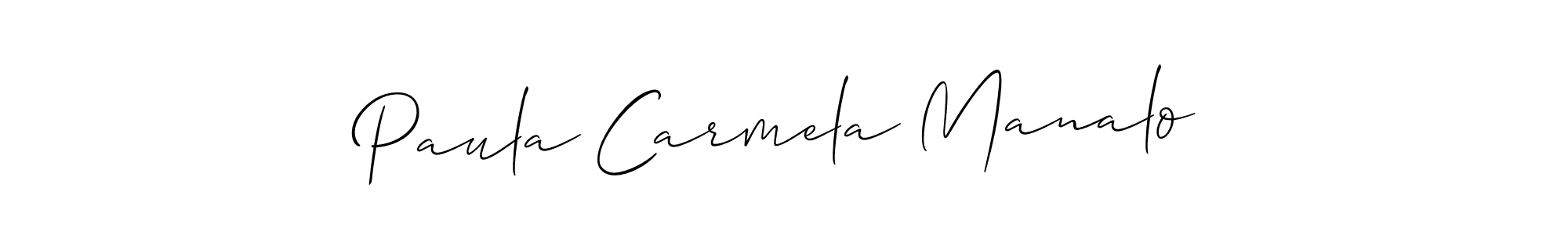 It looks lik you need a new signature style for name Paula Carmela Manalo. Design unique handwritten (Allison_Script) signature with our free signature maker in just a few clicks. Paula Carmela Manalo signature style 2 images and pictures png