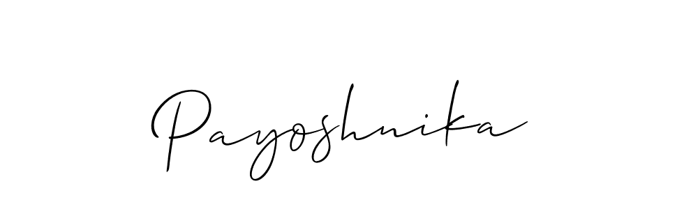 The best way (Allison_Script) to make a short signature is to pick only two or three words in your name. The name Payoshnika include a total of six letters. For converting this name. Payoshnika signature style 2 images and pictures png