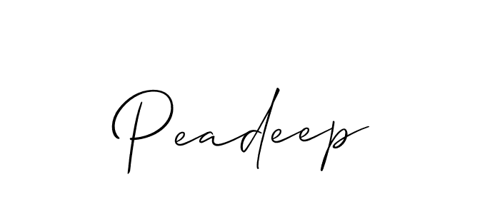 The best way (Allison_Script) to make a short signature is to pick only two or three words in your name. The name Peadeep include a total of six letters. For converting this name. Peadeep signature style 2 images and pictures png