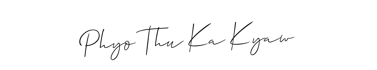 if you are searching for the best signature style for your name Phyo Thu Ka Kyaw. so please give up your signature search. here we have designed multiple signature styles  using Allison_Script. Phyo Thu Ka Kyaw signature style 2 images and pictures png