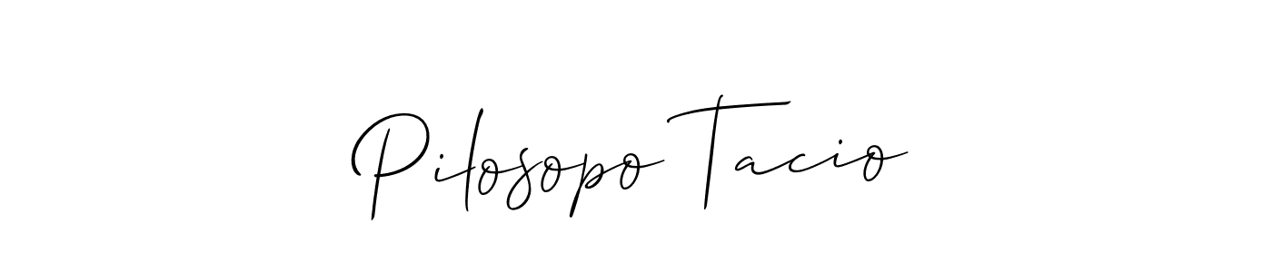 The best way (Allison_Script) to make a short signature is to pick only two or three words in your name. The name Pilosopo Tacio include a total of six letters. For converting this name. Pilosopo Tacio signature style 2 images and pictures png