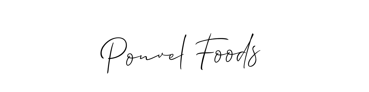 Similarly Allison_Script is the best handwritten signature design. Signature creator online .You can use it as an online autograph creator for name Ponvel Foods. Ponvel Foods signature style 2 images and pictures png