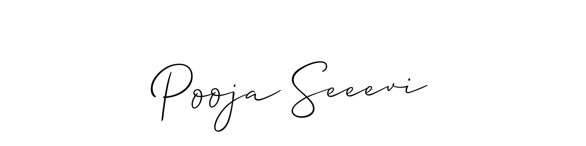 The best way (Allison_Script) to make a short signature is to pick only two or three words in your name. The name Pooja Seeevi include a total of six letters. For converting this name. Pooja Seeevi signature style 2 images and pictures png