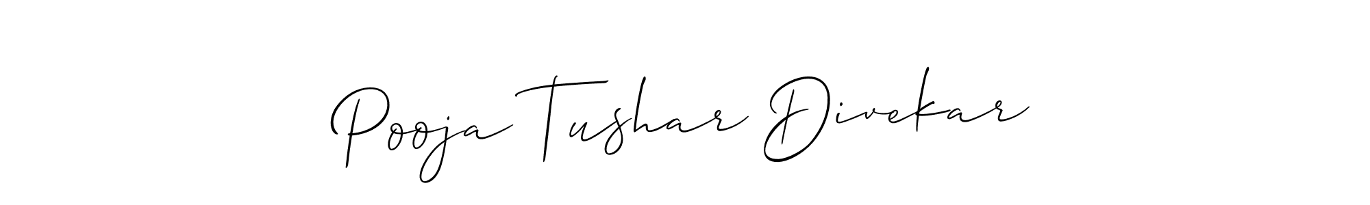 The best way (Allison_Script) to make a short signature is to pick only two or three words in your name. The name Pooja Tushar Divekar include a total of six letters. For converting this name. Pooja Tushar Divekar signature style 2 images and pictures png