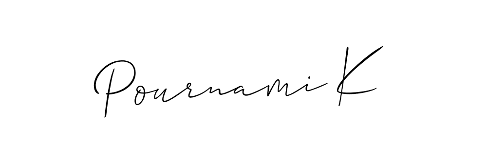 How to make Pournami K name signature. Use Allison_Script style for creating short signs online. This is the latest handwritten sign. Pournami K signature style 2 images and pictures png