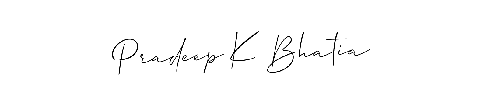 The best way (Allison_Script) to make a short signature is to pick only two or three words in your name. The name Pradeep K Bhatia include a total of six letters. For converting this name. Pradeep K Bhatia signature style 2 images and pictures png