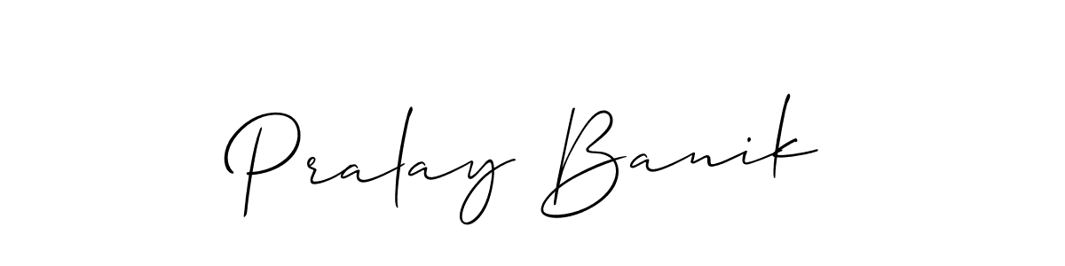 The best way (Allison_Script) to make a short signature is to pick only two or three words in your name. The name Pralay Banik include a total of six letters. For converting this name. Pralay Banik signature style 2 images and pictures png