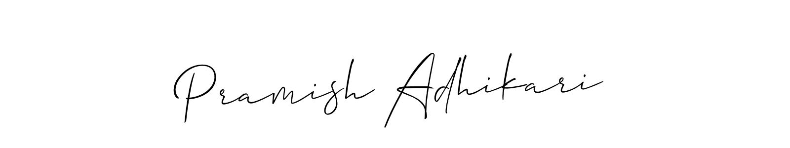 The best way (Allison_Script) to make a short signature is to pick only two or three words in your name. The name Pramish Adhikari include a total of six letters. For converting this name. Pramish Adhikari signature style 2 images and pictures png