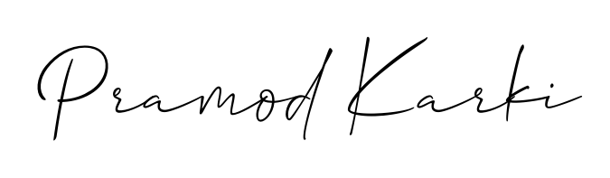 A sleek calligraphic signature for name Pramod Karki utilizing Allison_Script styling. Great for adding personal signatures to photos and art. Pramod Karki signature style 2 images and pictures png