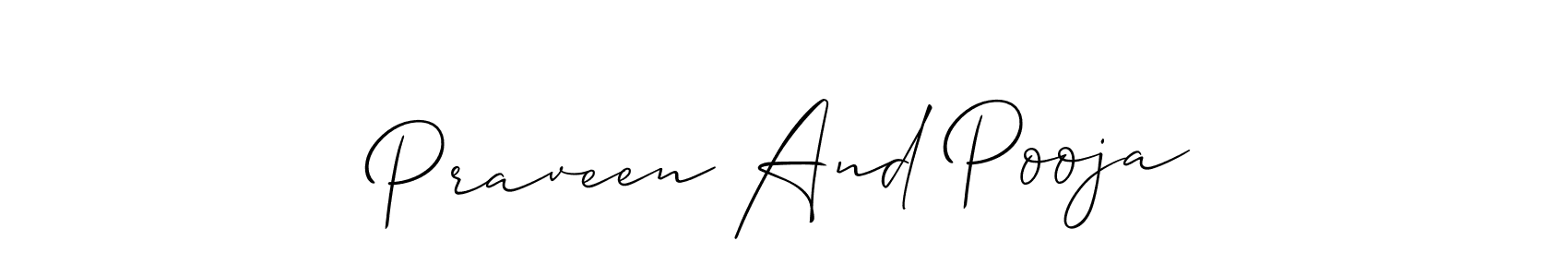 The best way (Allison_Script) to make a short signature is to pick only two or three words in your name. The name Praveen And Pooja include a total of six letters. For converting this name. Praveen And Pooja signature style 2 images and pictures png