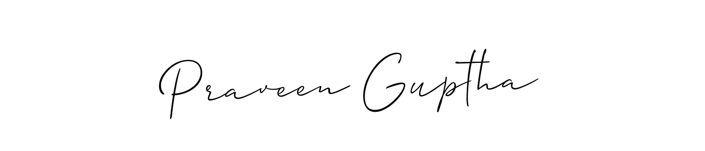 The best way (Allison_Script) to make a short signature is to pick only two or three words in your name. The name Praveen Guptha include a total of six letters. For converting this name. Praveen Guptha signature style 2 images and pictures png