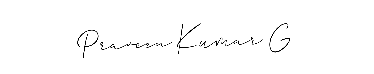 The best way (Allison_Script) to make a short signature is to pick only two or three words in your name. The name Praveen Kumar G include a total of six letters. For converting this name. Praveen Kumar G signature style 2 images and pictures png