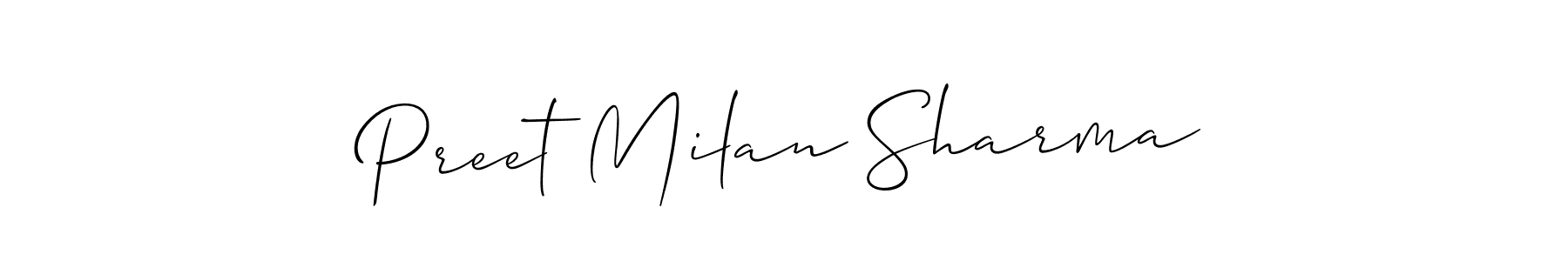 The best way (Allison_Script) to make a short signature is to pick only two or three words in your name. The name Preet Milan Sharma include a total of six letters. For converting this name. Preet Milan Sharma signature style 2 images and pictures png