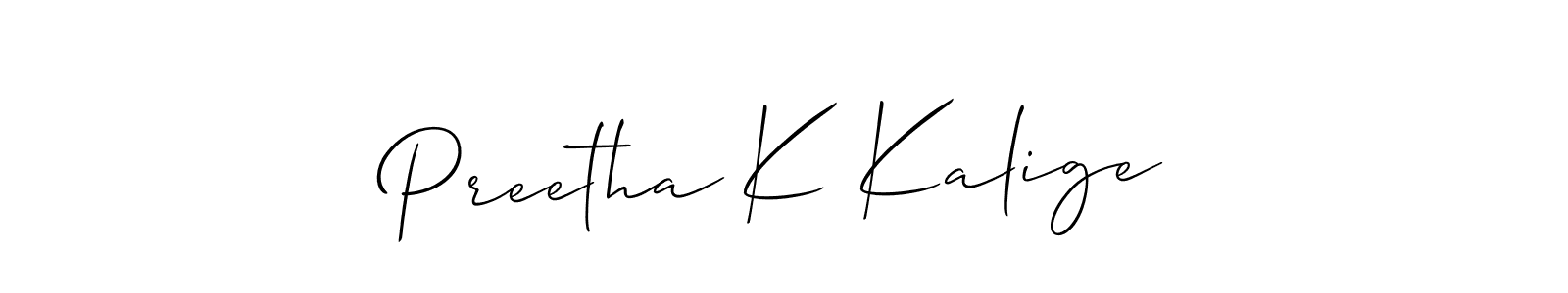 Also You can easily find your signature by using the search form. We will create Preetha K Kalige name handwritten signature images for you free of cost using Allison_Script sign style. Preetha K Kalige signature style 2 images and pictures png