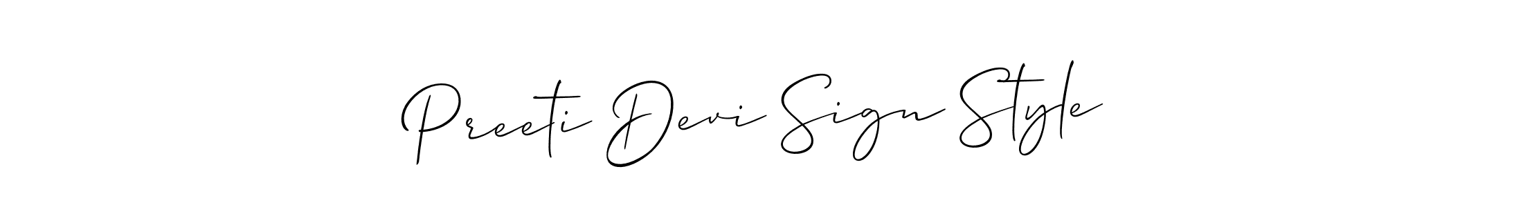 The best way (Allison_Script) to make a short signature is to pick only two or three words in your name. The name Preeti Devi Sign Style include a total of six letters. For converting this name. Preeti Devi Sign Style signature style 2 images and pictures png