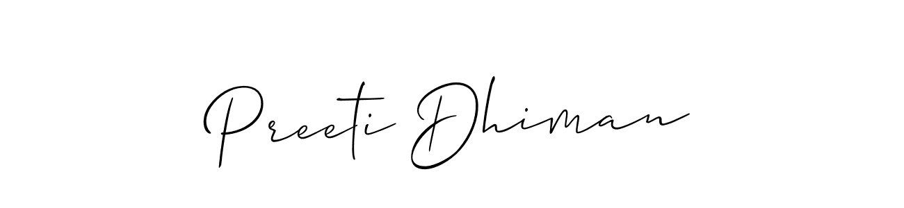 The best way (Allison_Script) to make a short signature is to pick only two or three words in your name. The name Preeti Dhiman include a total of six letters. For converting this name. Preeti Dhiman signature style 2 images and pictures png