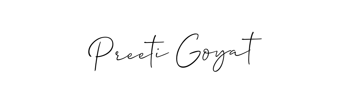 Make a short Preeti Goyat signature style. Manage your documents anywhere anytime using Allison_Script. Create and add eSignatures, submit forms, share and send files easily. Preeti Goyat signature style 2 images and pictures png