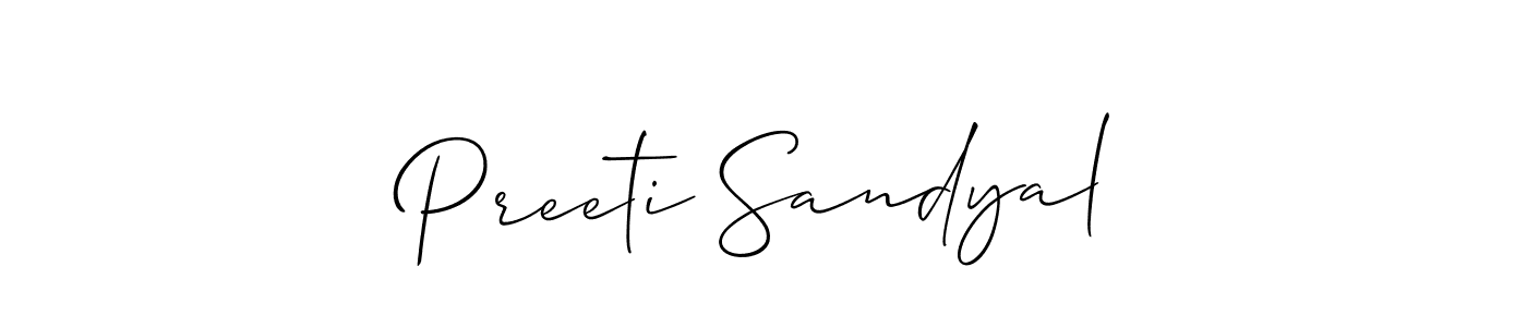 The best way (Allison_Script) to make a short signature is to pick only two or three words in your name. The name Preeti Sandyal include a total of six letters. For converting this name. Preeti Sandyal signature style 2 images and pictures png