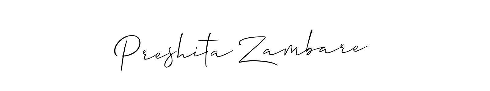 The best way (Allison_Script) to make a short signature is to pick only two or three words in your name. The name Preshita Zambare include a total of six letters. For converting this name. Preshita Zambare signature style 2 images and pictures png