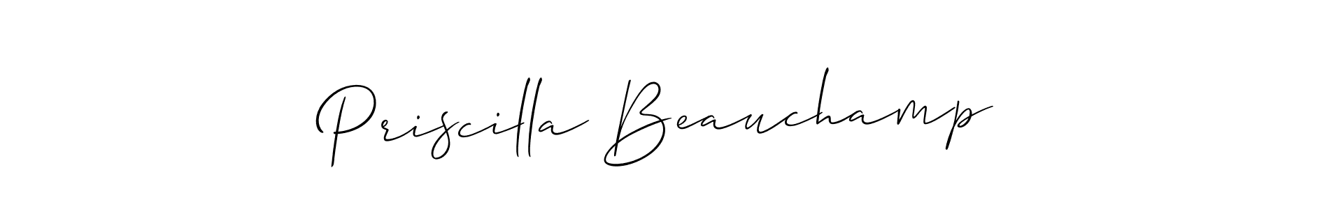 The best way (Allison_Script) to make a short signature is to pick only two or three words in your name. The name Priscilla Beauchamp include a total of six letters. For converting this name. Priscilla Beauchamp signature style 2 images and pictures png