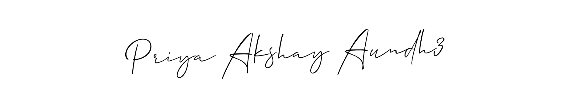 The best way (Allison_Script) to make a short signature is to pick only two or three words in your name. The name Priya Akshay Aundh3 include a total of six letters. For converting this name. Priya Akshay Aundh3 signature style 2 images and pictures png