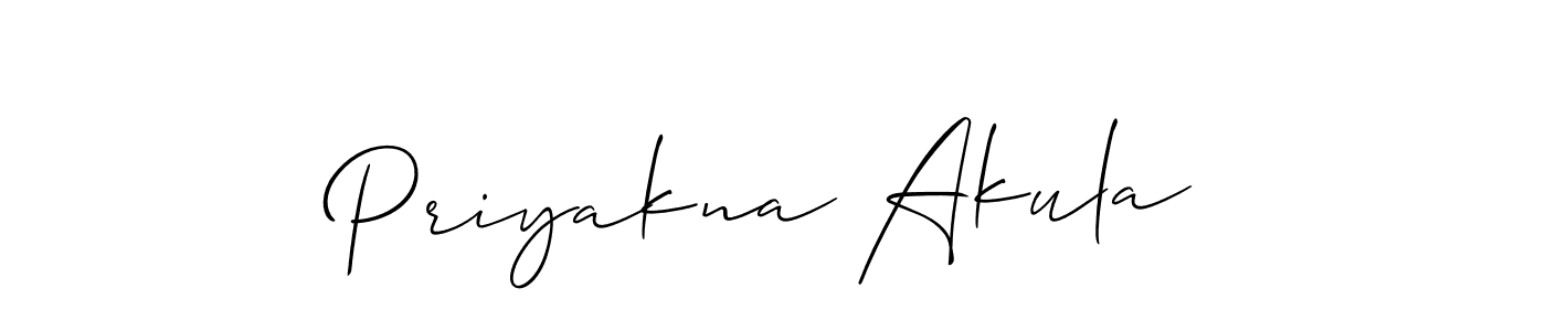 Allison_Script is a professional signature style that is perfect for those who want to add a touch of class to their signature. It is also a great choice for those who want to make their signature more unique. Get Priyakna Akula name to fancy signature for free. Priyakna Akula signature style 2 images and pictures png