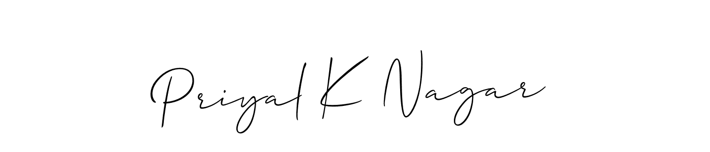 Make a short Priyal K Nagar signature style. Manage your documents anywhere anytime using Allison_Script. Create and add eSignatures, submit forms, share and send files easily. Priyal K Nagar signature style 2 images and pictures png