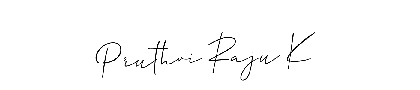 The best way (Allison_Script) to make a short signature is to pick only two or three words in your name. The name Pruthvi Raju K include a total of six letters. For converting this name. Pruthvi Raju K signature style 2 images and pictures png