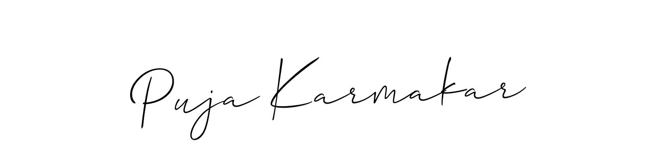 How to make Puja Karmakar name signature. Use Allison_Script style for creating short signs online. This is the latest handwritten sign. Puja Karmakar signature style 2 images and pictures png