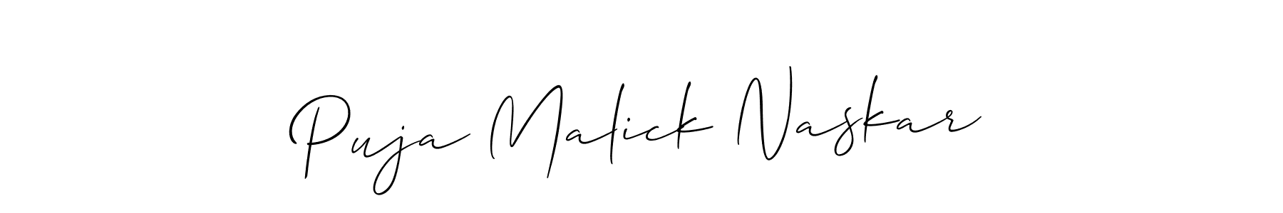 The best way (Allison_Script) to make a short signature is to pick only two or three words in your name. The name Puja Malick Naskar include a total of six letters. For converting this name. Puja Malick Naskar signature style 2 images and pictures png