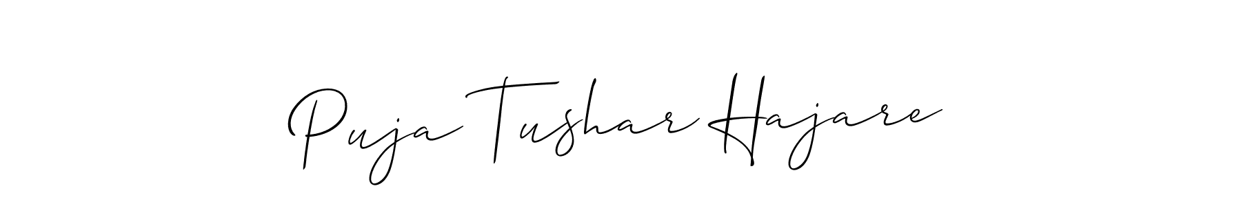 How to make Puja Tushar Hajare name signature. Use Allison_Script style for creating short signs online. This is the latest handwritten sign. Puja Tushar Hajare signature style 2 images and pictures png